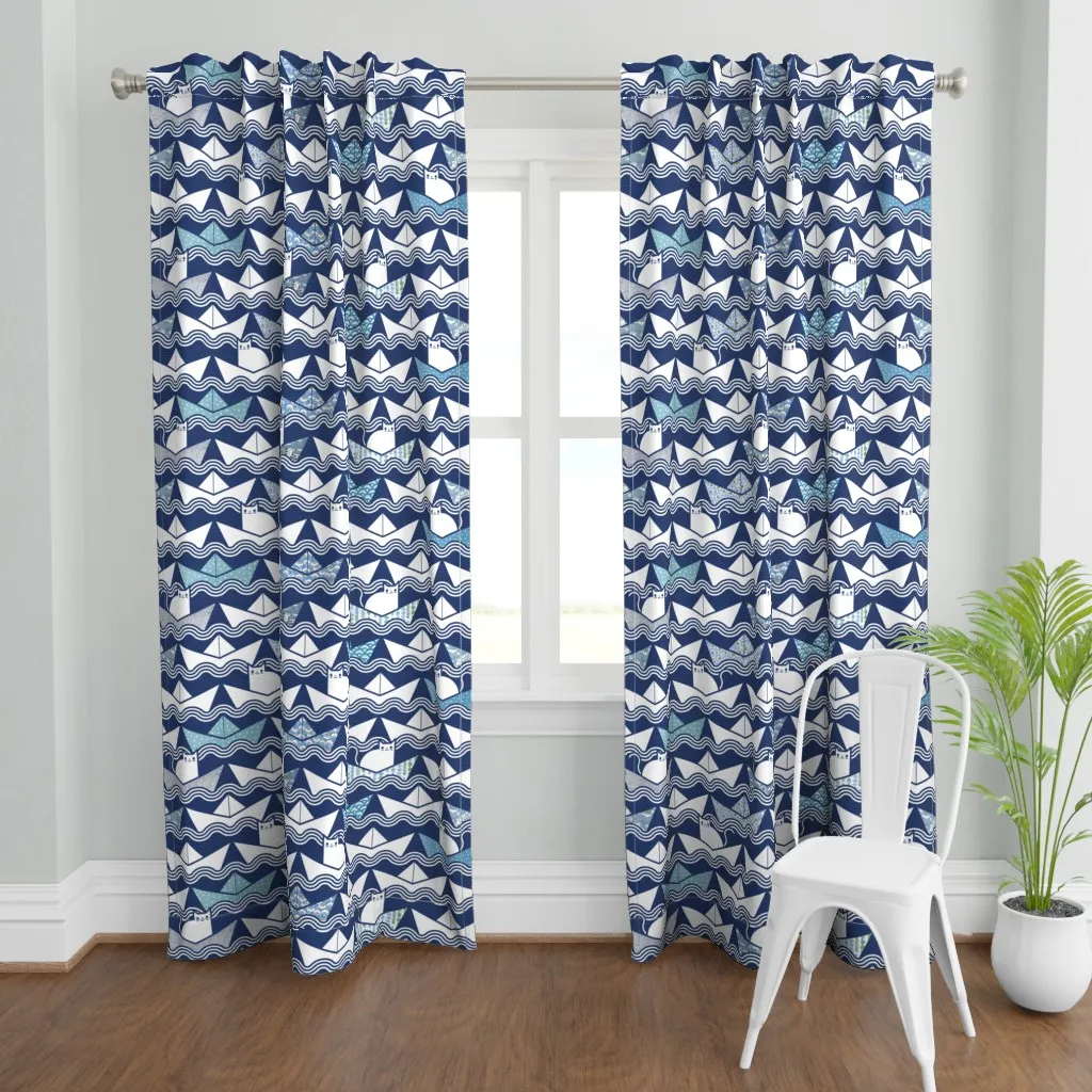 Paper Boat Cats Sailing Curtain Panel - Navy Blue product