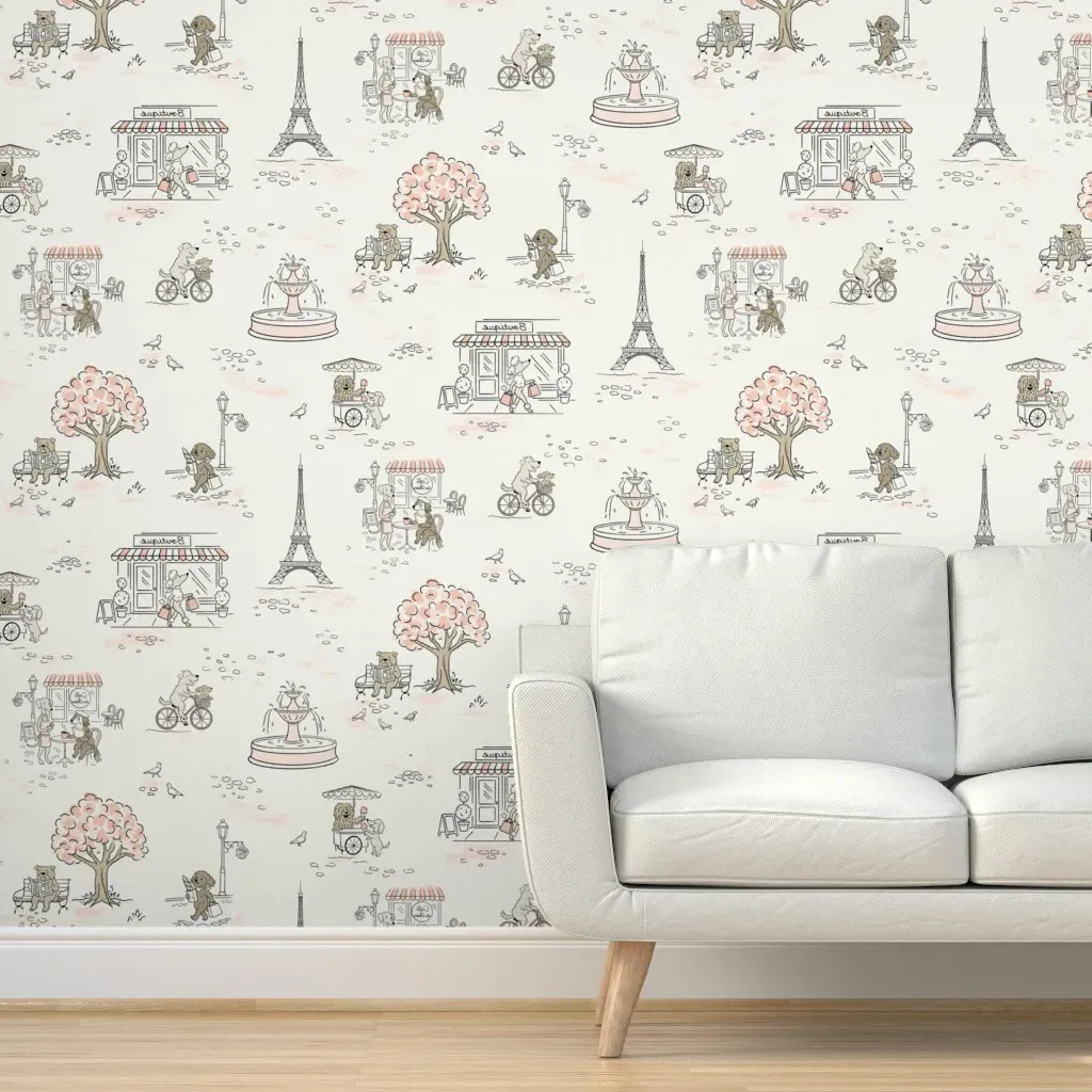 Paris Doodle Dog Adventures Springtime Peel and Stick Wallpaper - Pink product