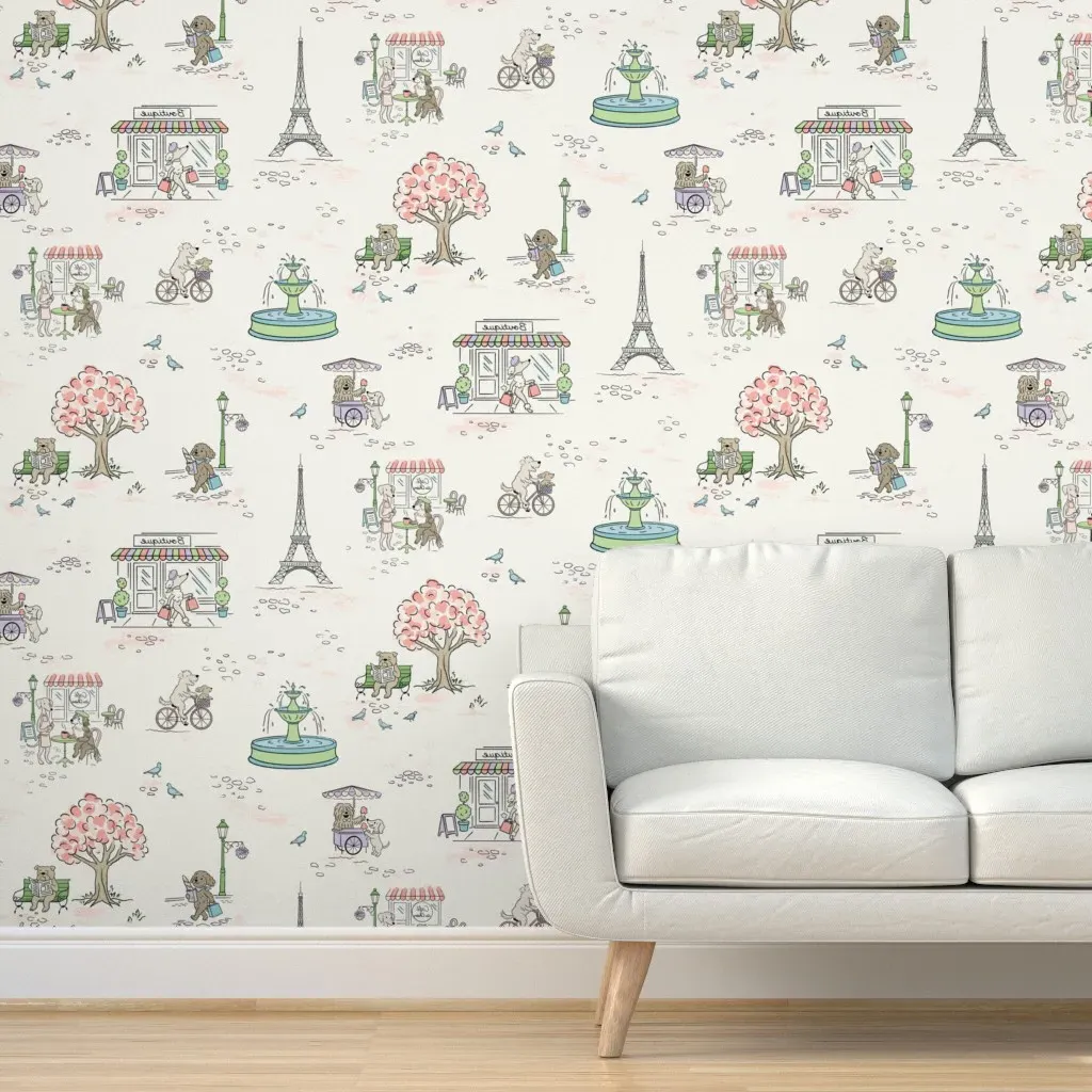 Paris Doodle Dog Adventures Springtime XL Peel and Stick Wallpaper - Off-White product