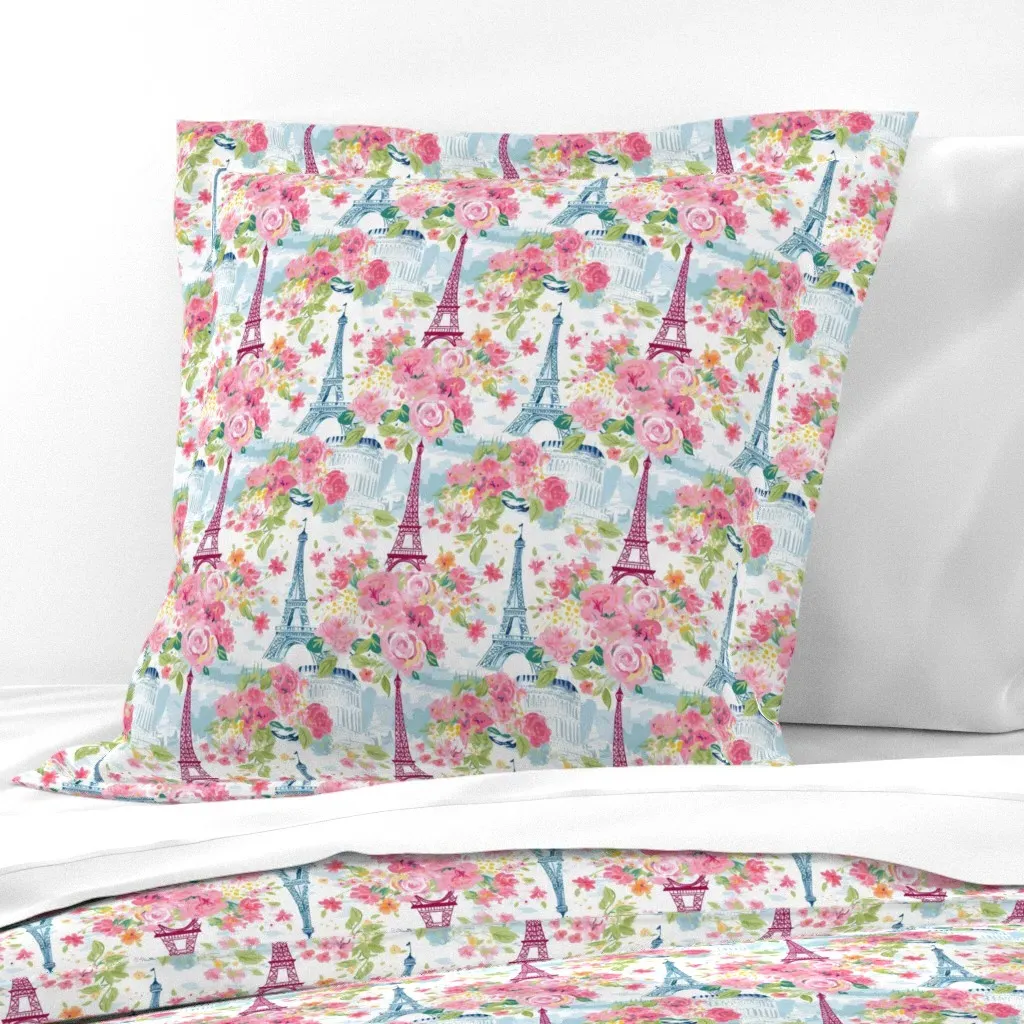 Paris Scenes with Pink Roses Euro Pillow Sham - Pink product