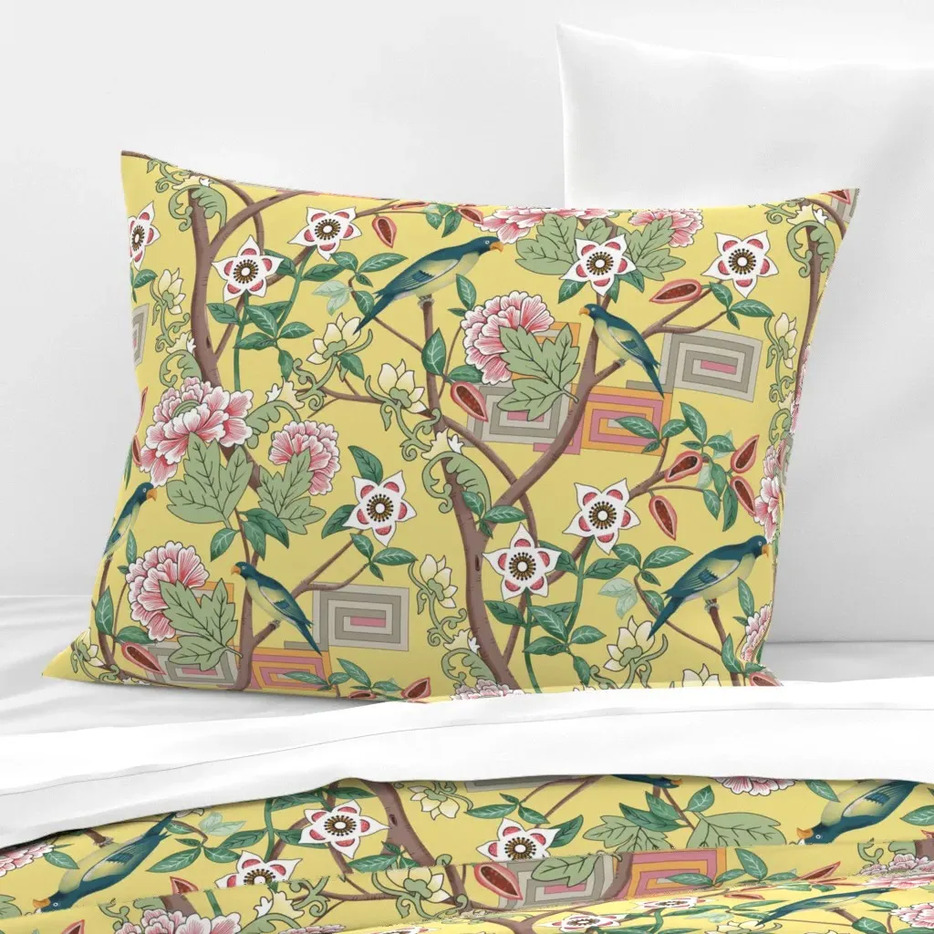Parrots And Peonies Chinoiserie Standard Pillow - Pink, Cotton Sateen product
