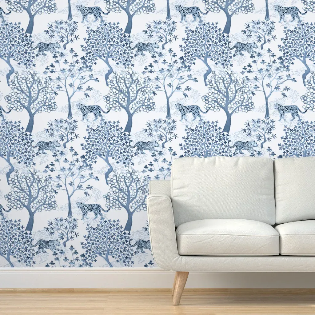 Party Leopards In Forest Peel and Stick Wallpaper - Cornflower Blue product