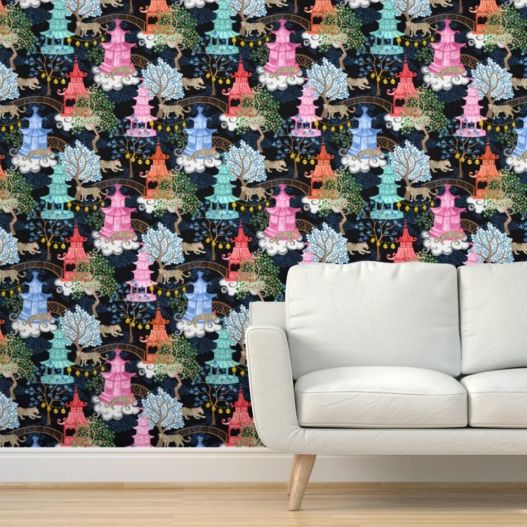 Party Leopards In Pagoda Forest Peel and Stick Wallpaper - Pink product