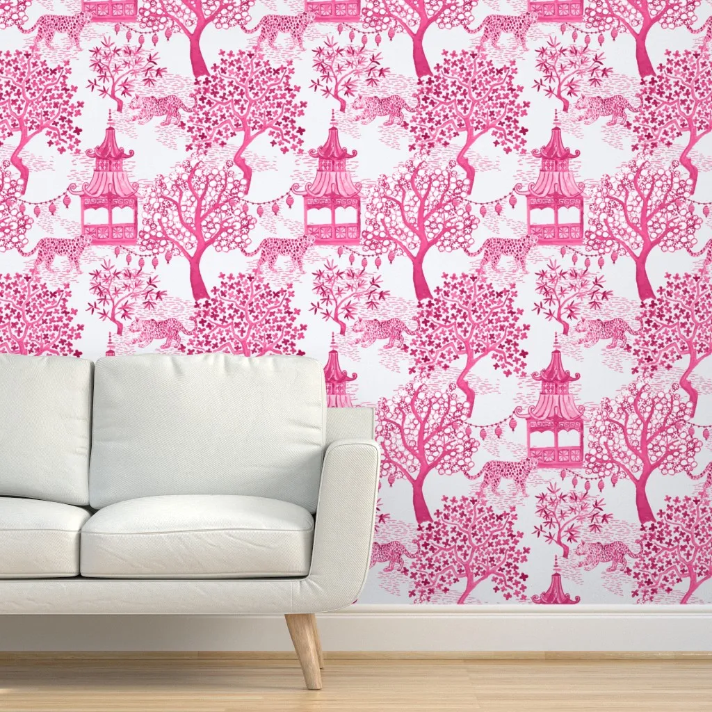 Party Leopards Lanterns In Forest Peel and Stick Wallpaper - Pink product