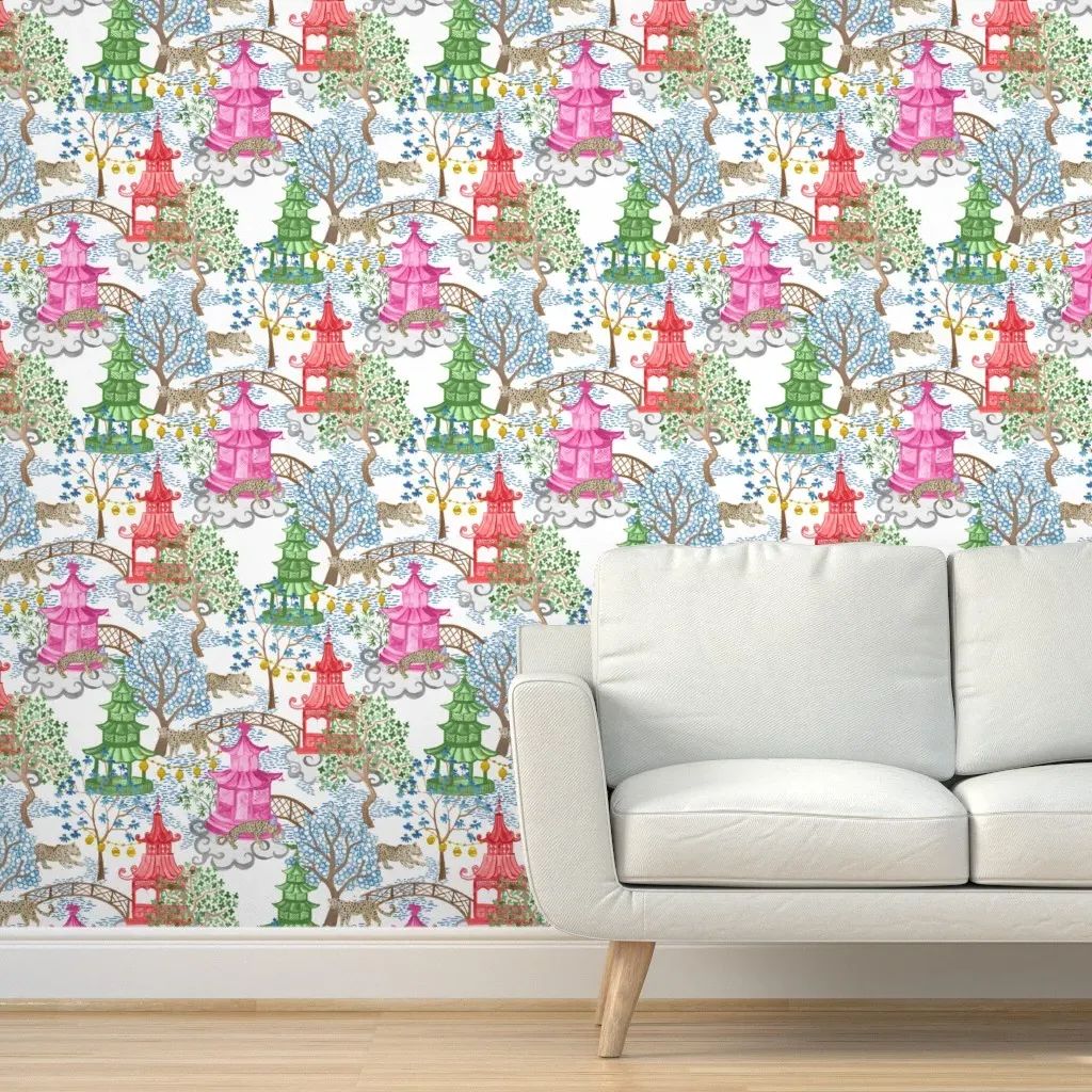 Party Leopards Pagoda Forest Peel and Stick Wallpaper - Green Pink Red product