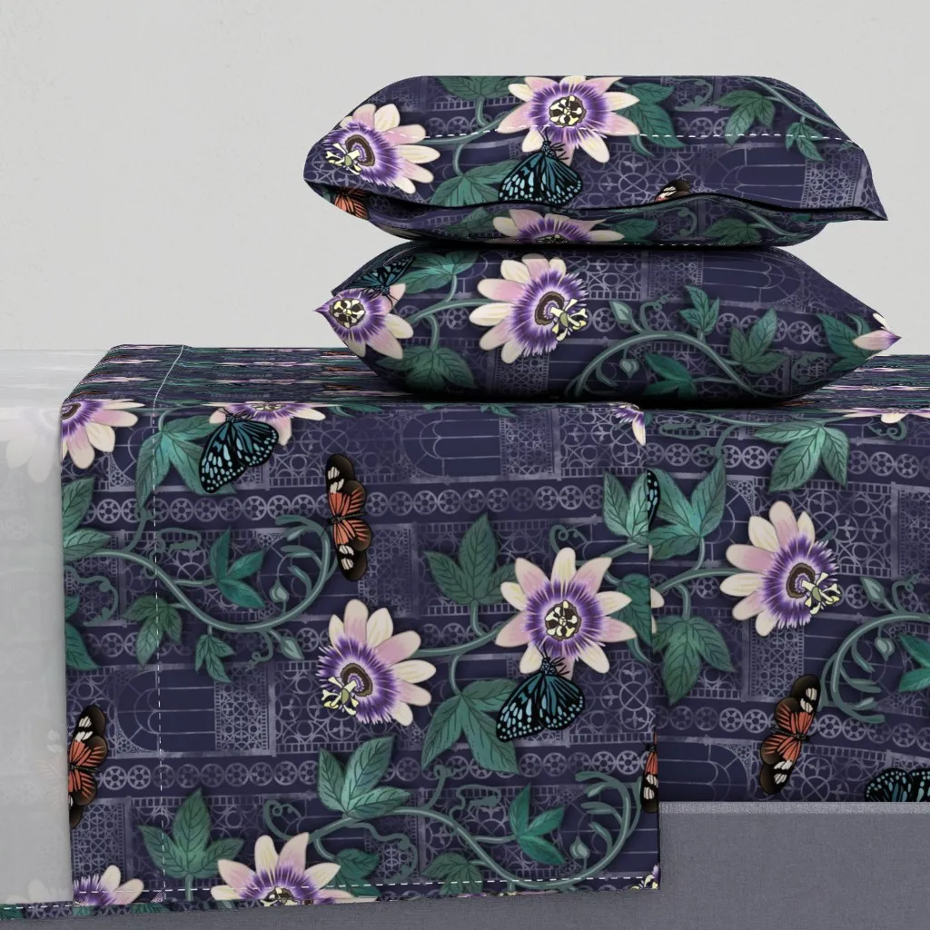 Passionflowers And Butterflies Victorian Greenhouse Full Sheet Set - Purple product