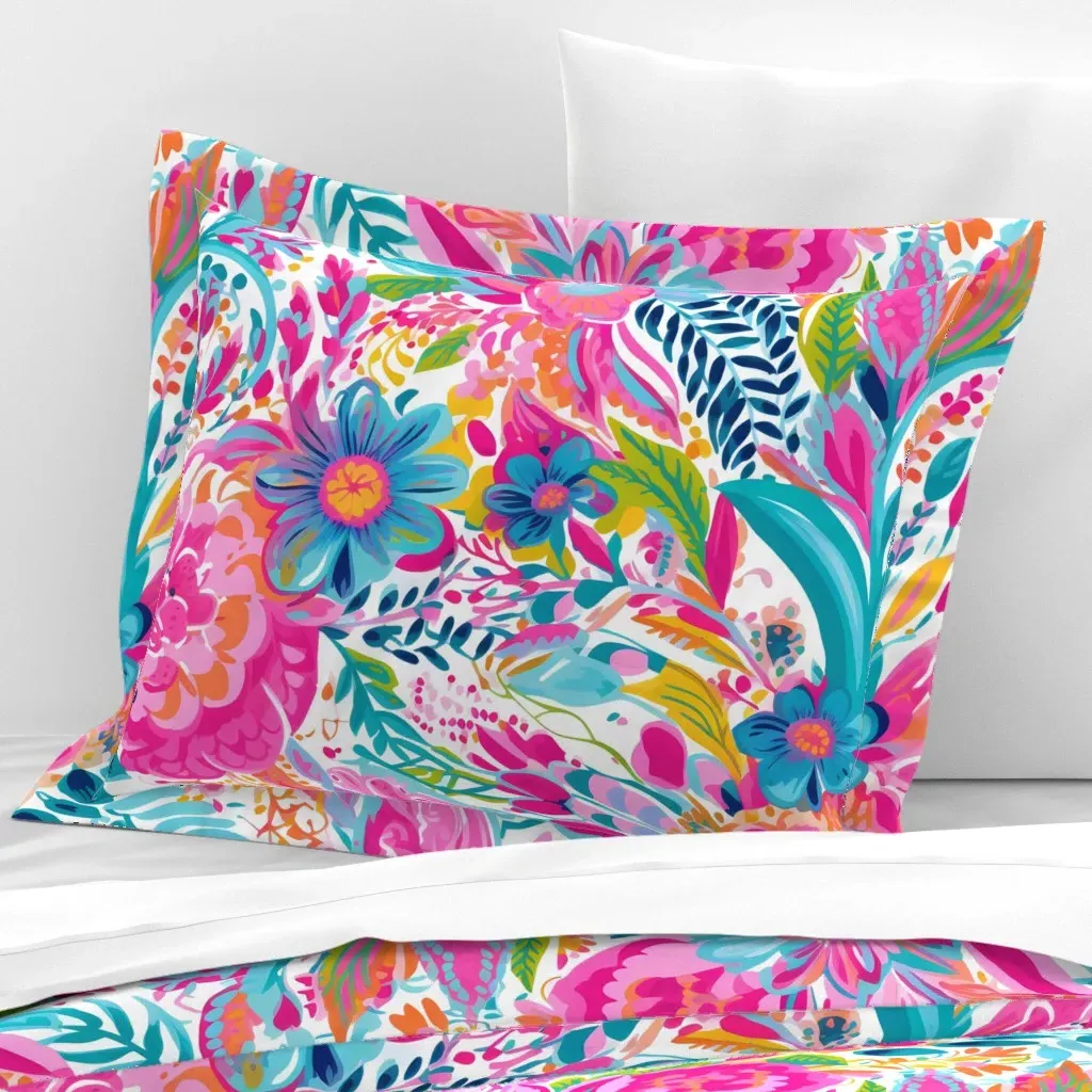Pastel Boho Floral Standard Flanged Cushion Cover - Pink, Cotton Sateen product