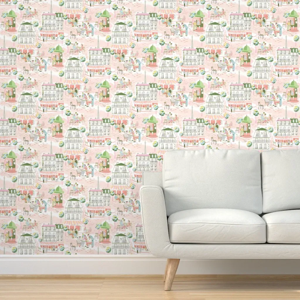 Pastel French Cafe Peel and Stick Wallpaper - Pink, Green, Gray product