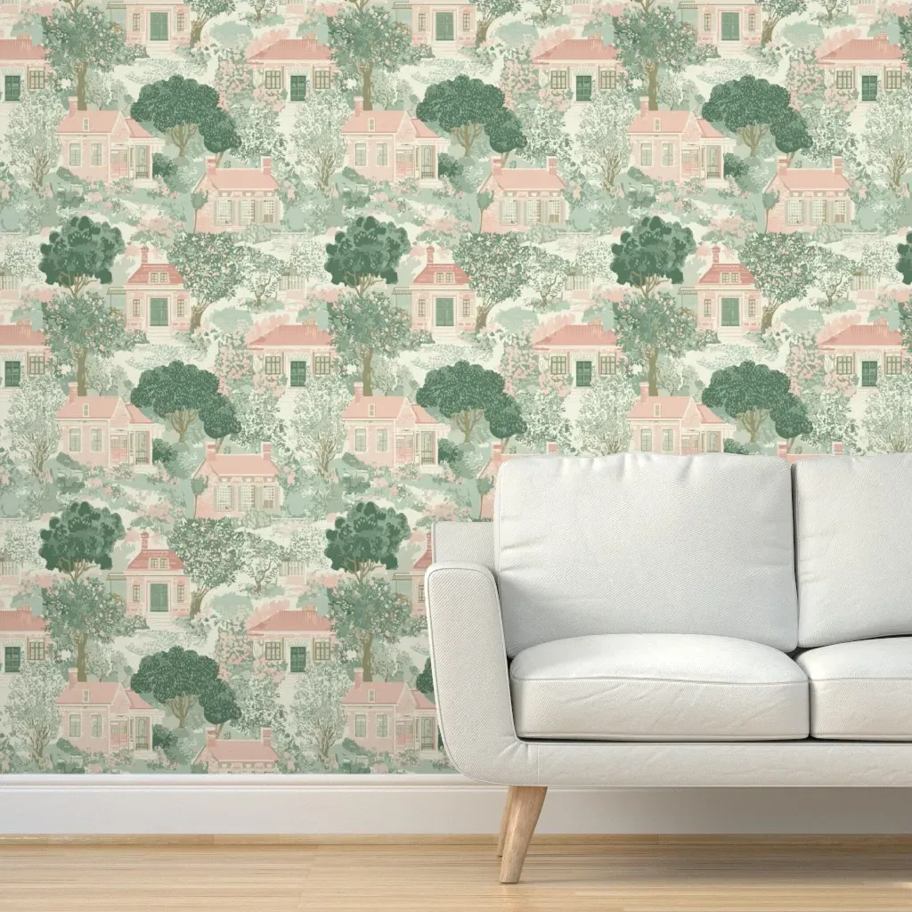 Pastel Garden Cottages French Toile Peel and Stick Wallpaper - Pink, Green product