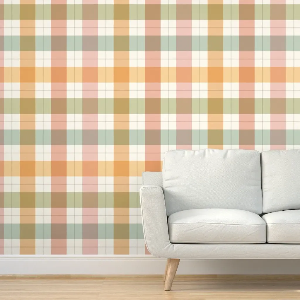Pastel Rainbow Windowpane Plaid Peel and Stick Wallpaper - Peach product