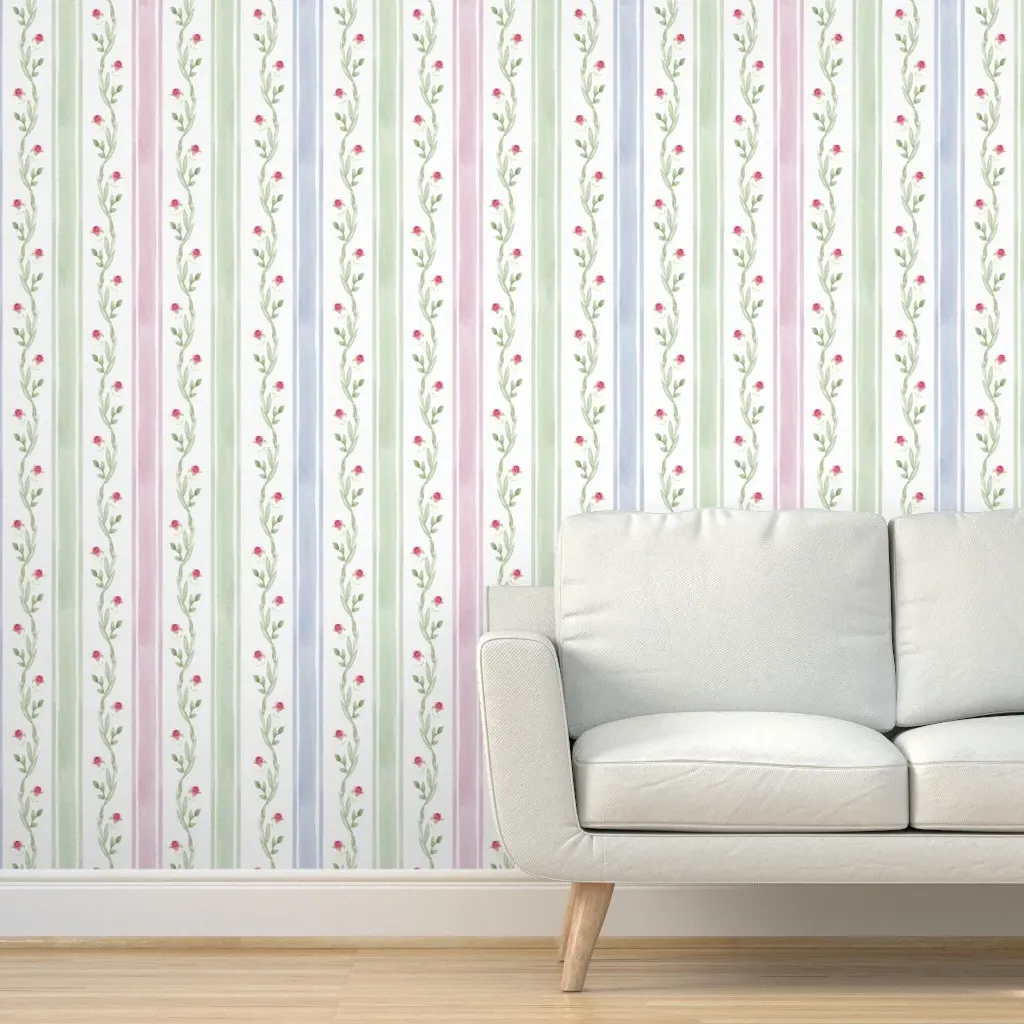 Pastel Stripes and Roses Peel and Stick Wallpaper - Pink product