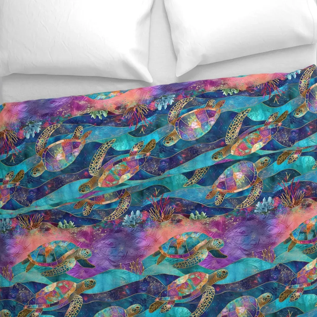 Patchwork Colorful Sea Turtles Duvet Cover - Teal alternate view