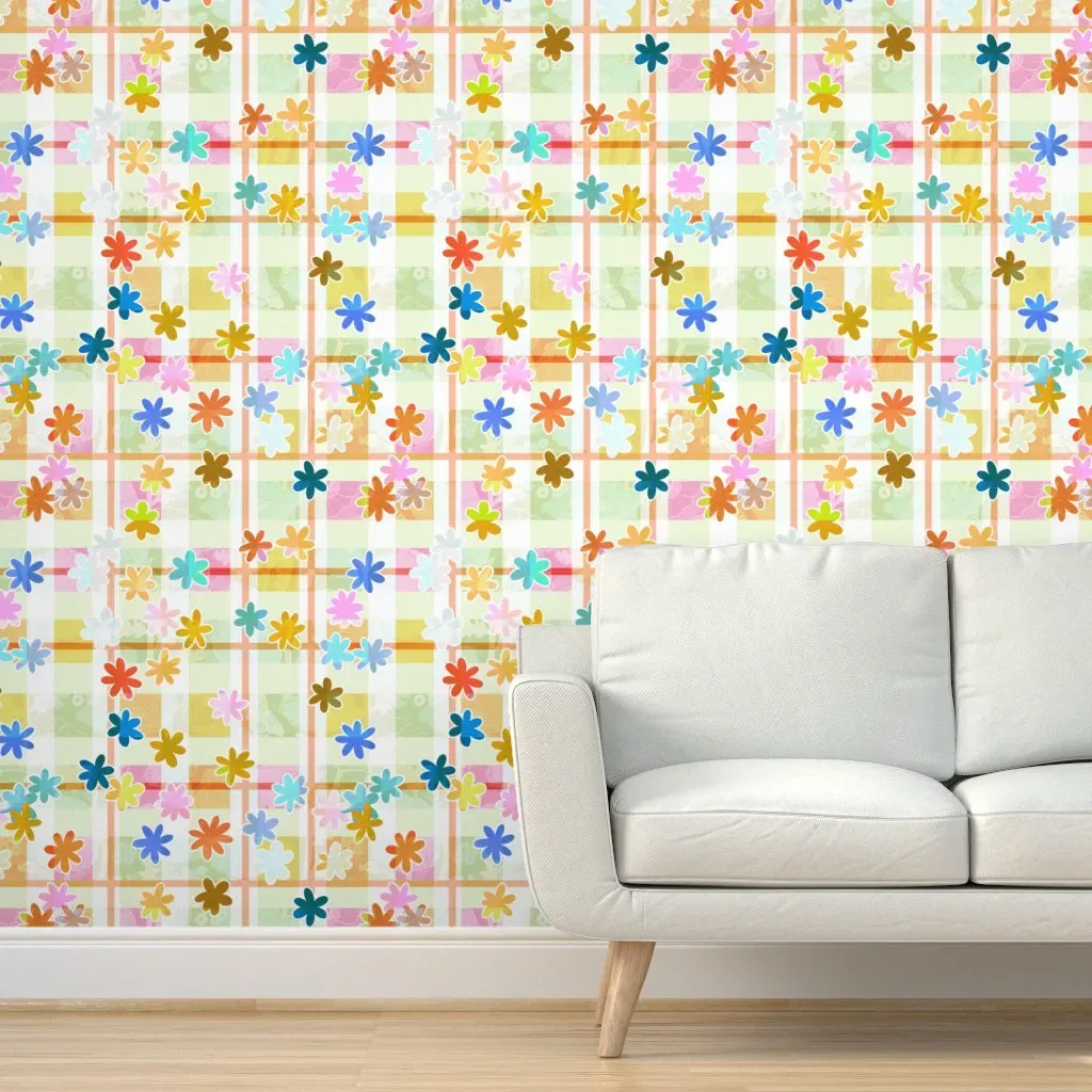 Patchwork Daisy Plaid Peel and Stick Wallpaper - Pale Yellow-Green product