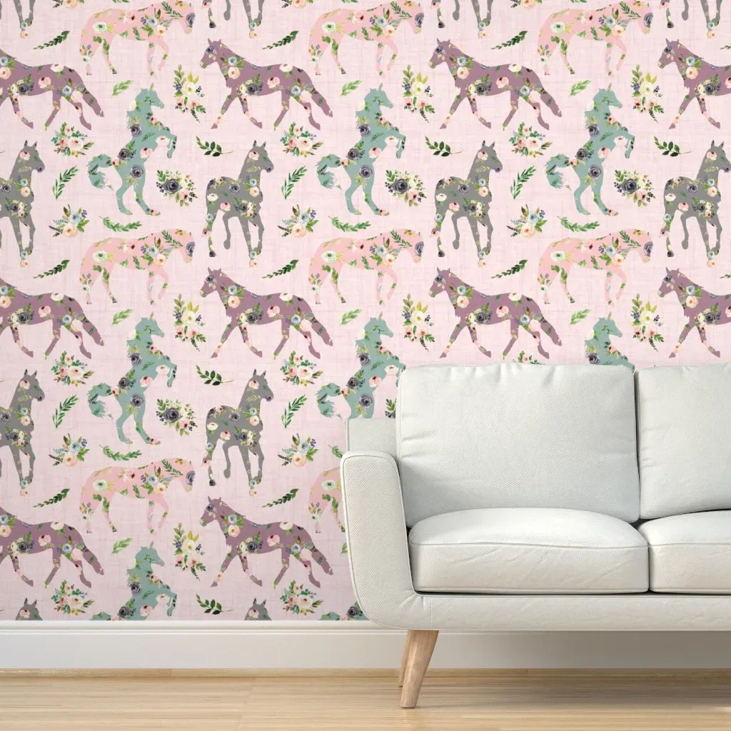 Patchwork Floral Horses Peel and Stick Wallpaper - Pink, Linen product