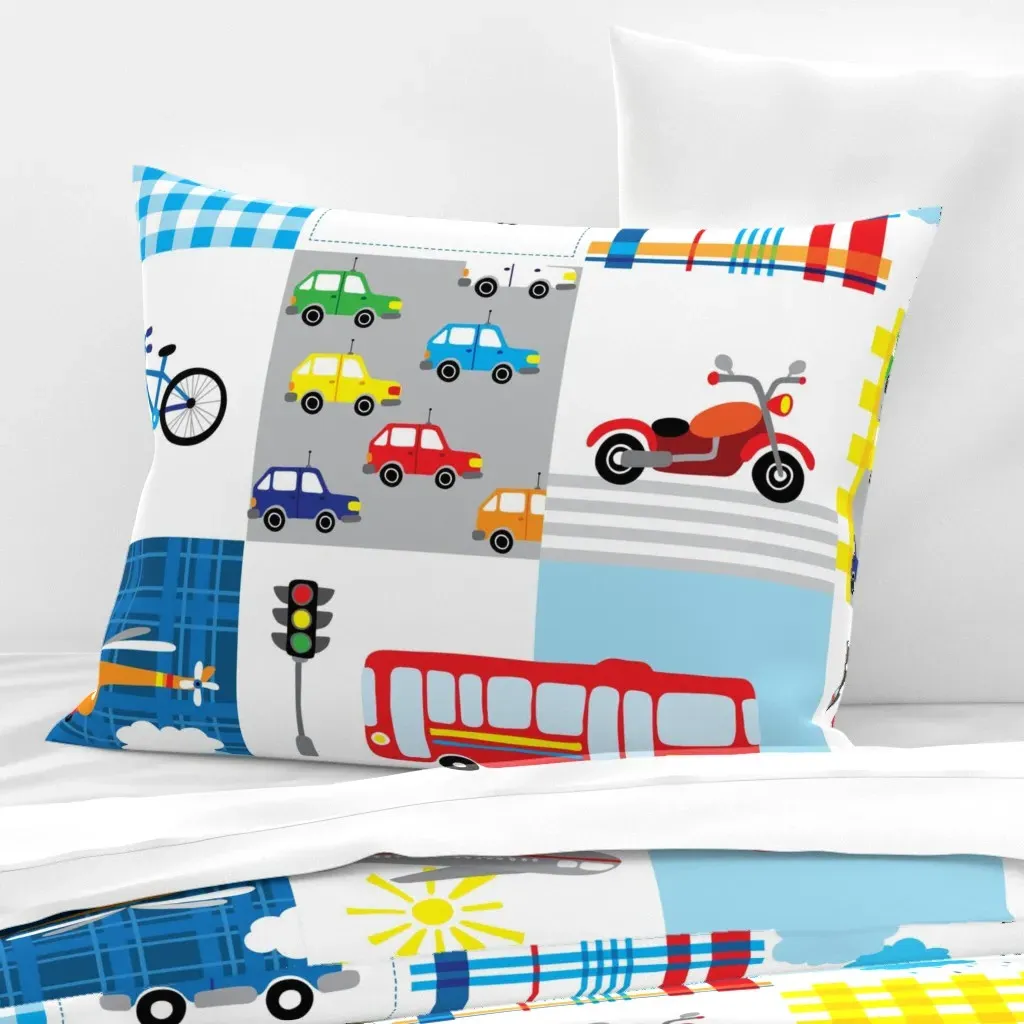 Patchwork Transport Standard Knife Edge Cushion - Red, Cotton product