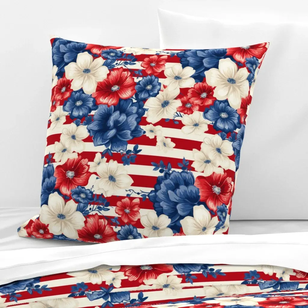 Patriotic Americana Flowers and Stripes Euro Pillow Sham - Red product