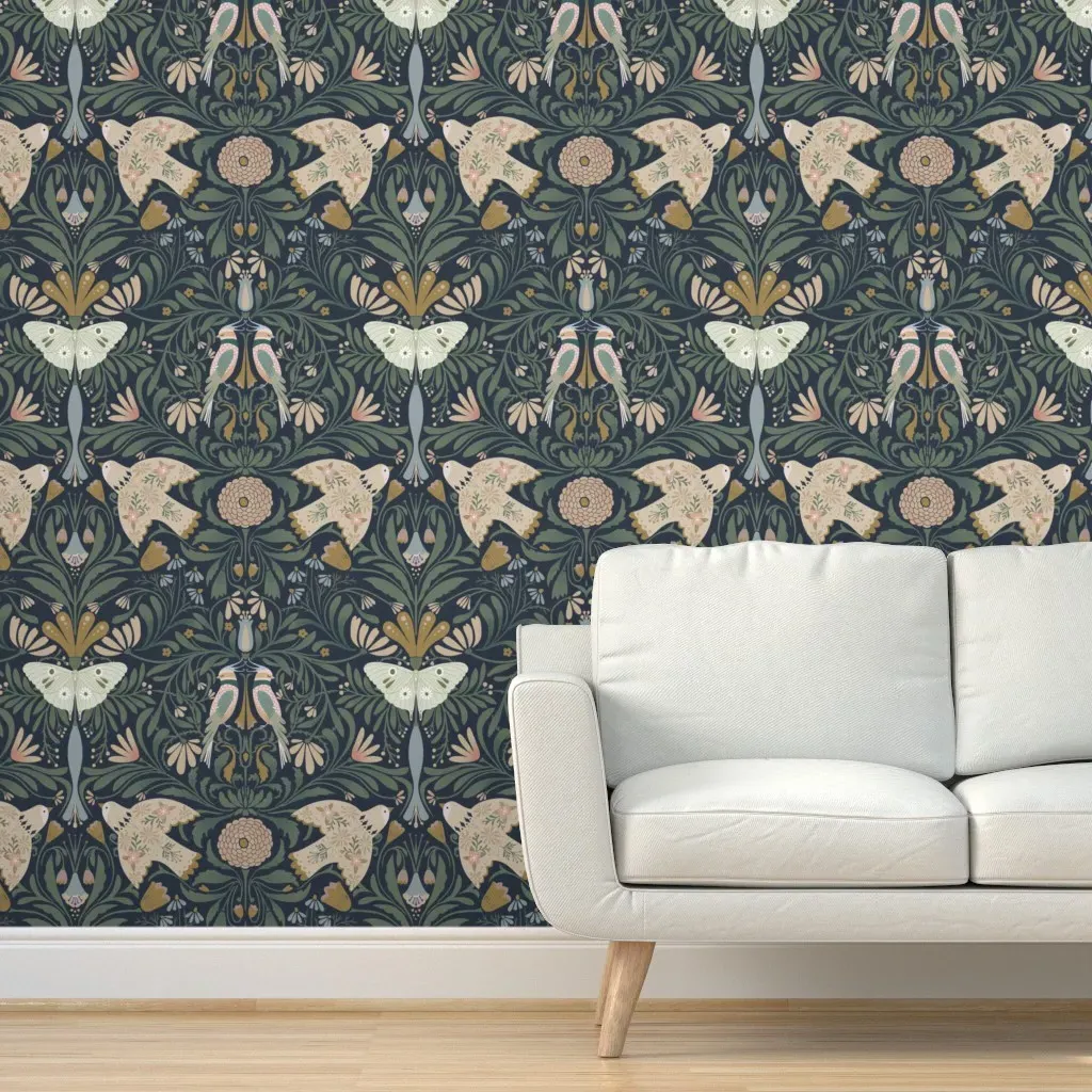 Peaceful Bird Floral Damask Peel and Stick Wallpaper - Dark Teal product