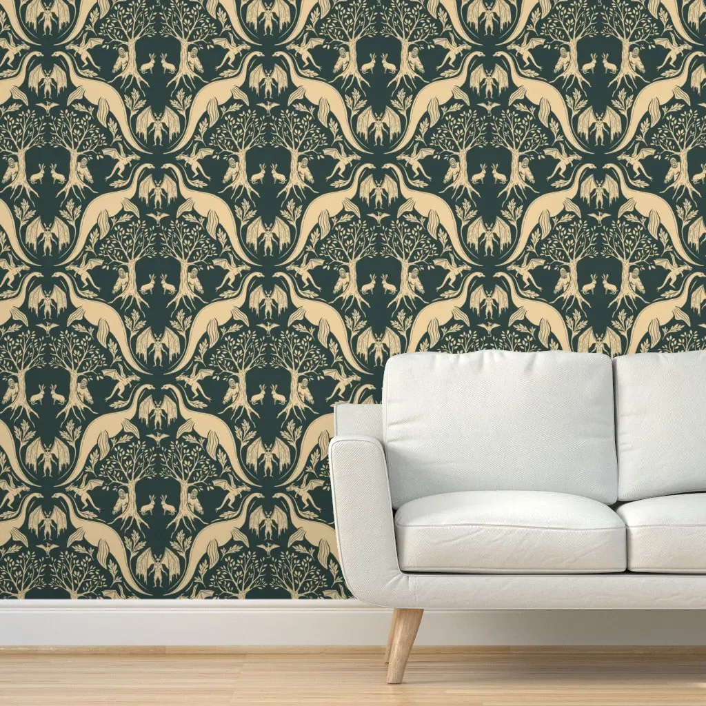 Peach & Blue-Gray Cryptid Damask Peel and Stick Wallpaper - Beige product