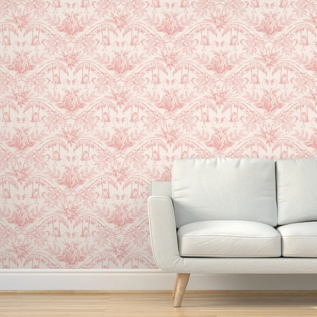 Peach Frogs Flower Garden Damask Peel and Stick Wallpaper - Pink product
