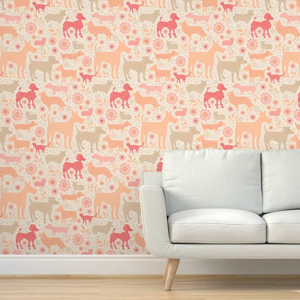 Peachy Dogs And A Cat Peel and Stick Wallpaper - Peach product
