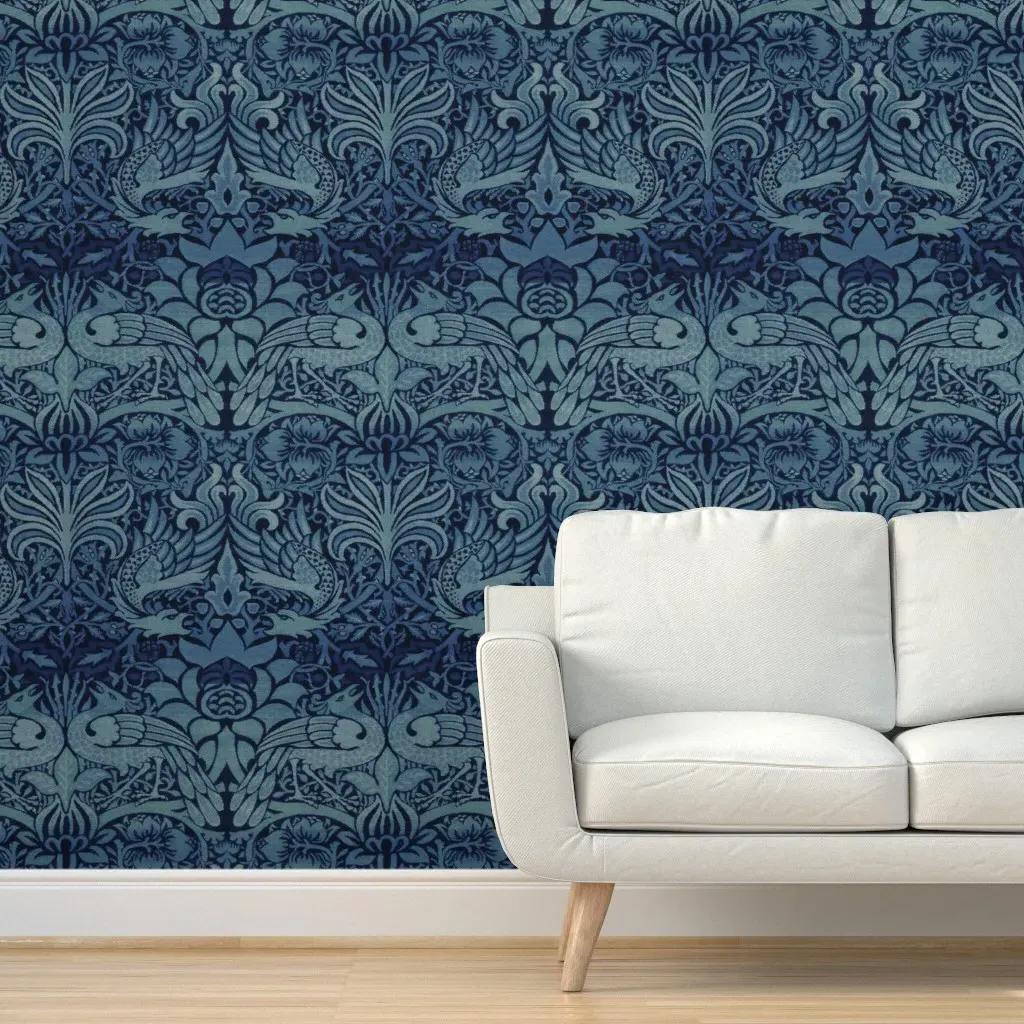 Peacock And Dragon Medieval Blue Peel and Stick Wallpaper - Dark Blue product