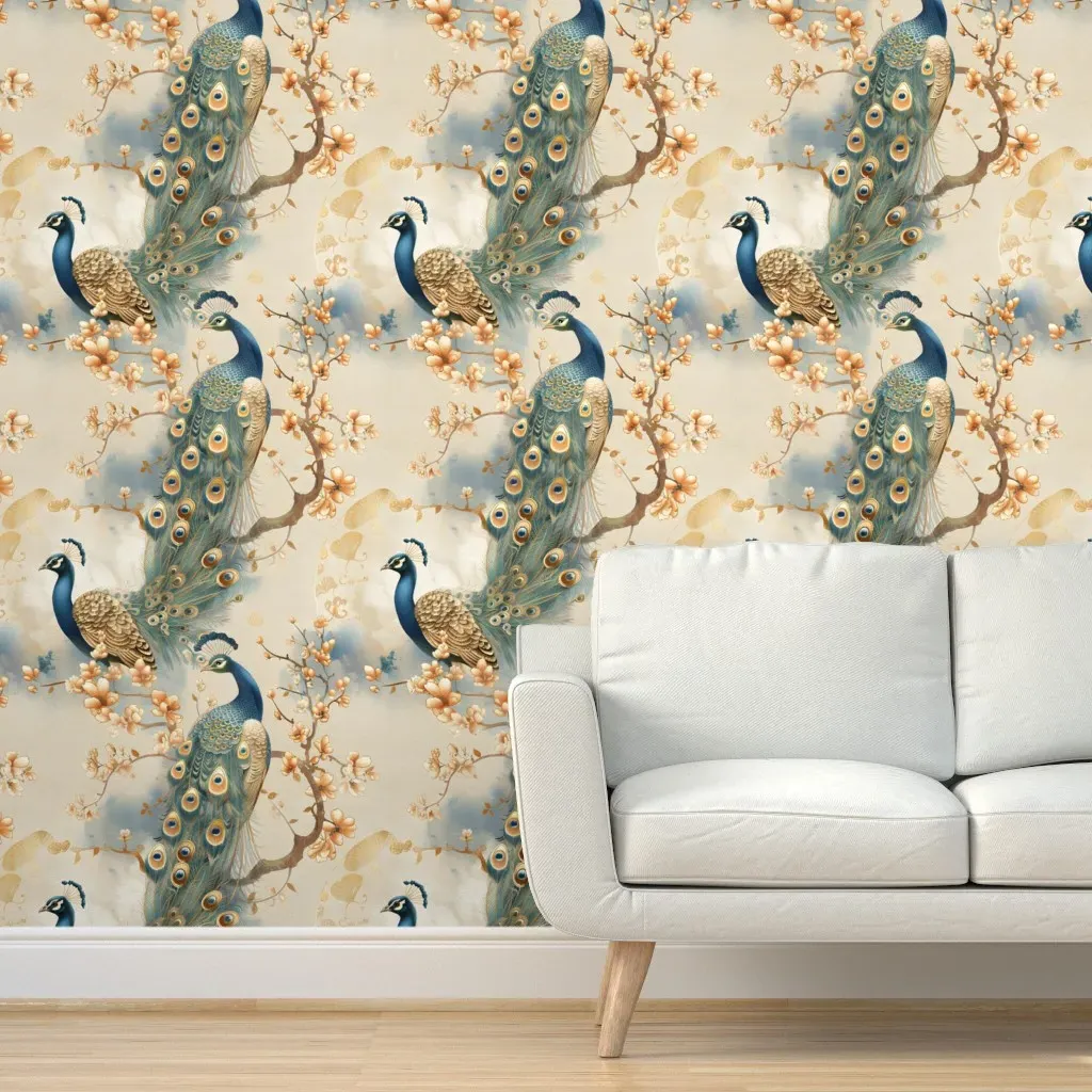 Peacock and Gold Flowers Peel and Stick Wallpaper - Teal product