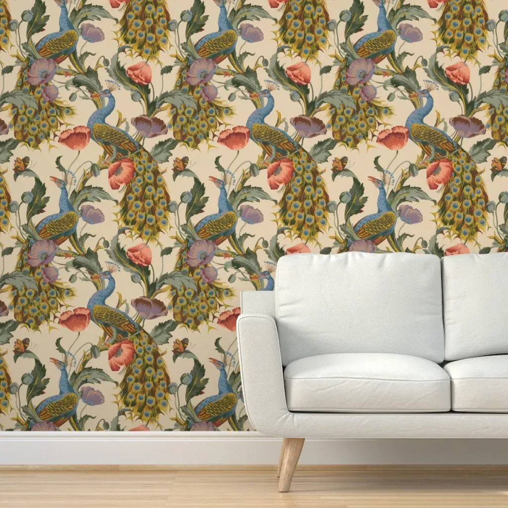 Peacock And Poppies Vintage Peel and Stick Wallpaper - Teal product