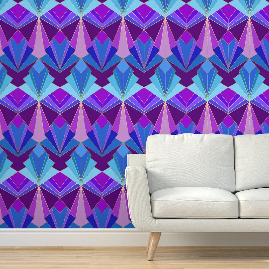 Peacock Art Deco Large Scale Peel and Stick Wallpaper - Blue, Purple, Pink product