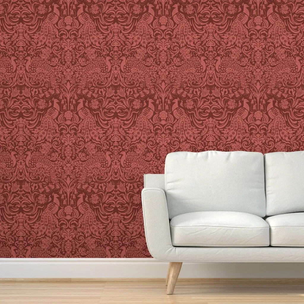 Peacock Damask Peel and Stick Wallpaper - Dark Red product