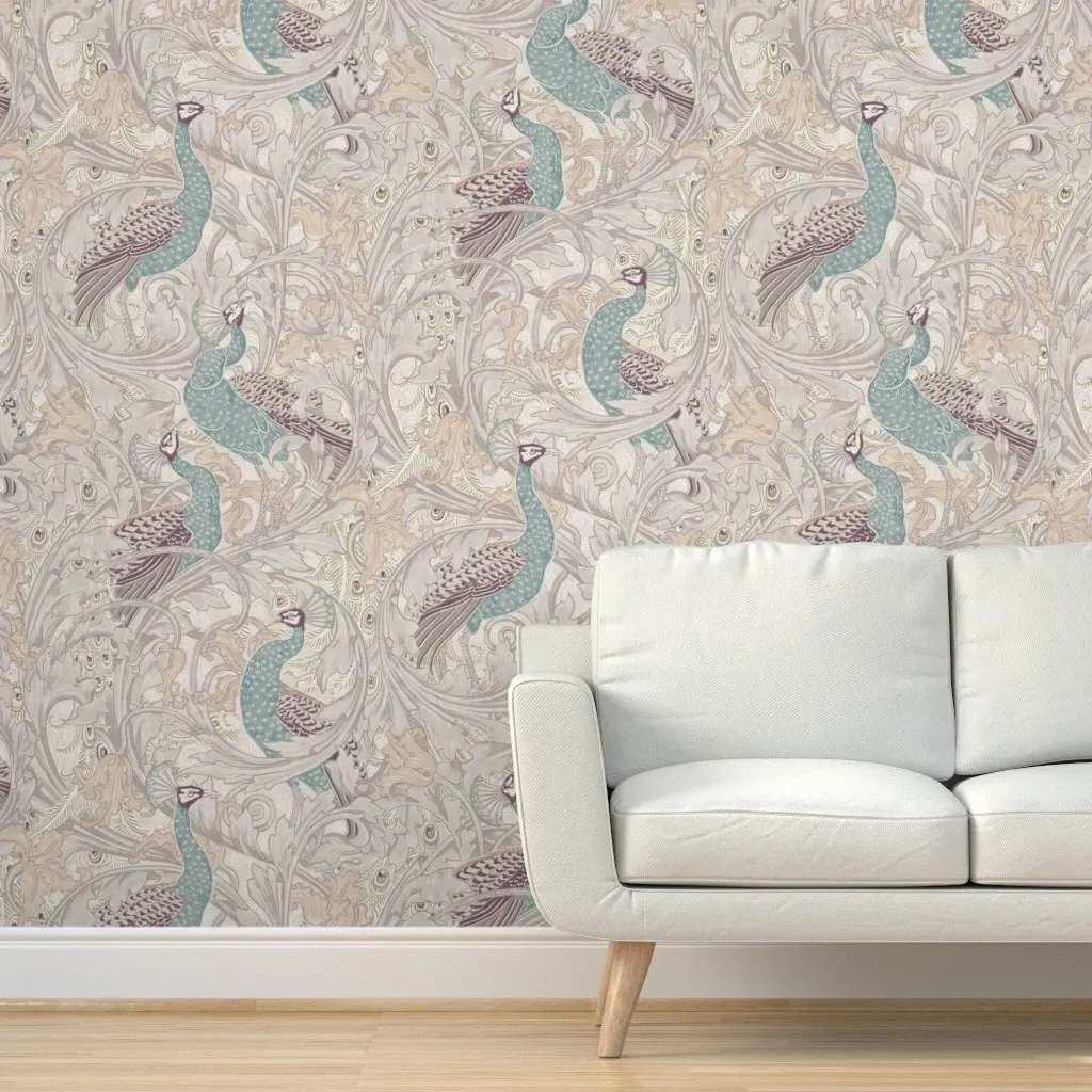 Peacock Garden by Walter Crane Peel and Stick Wallpaper - Beige Mauve product