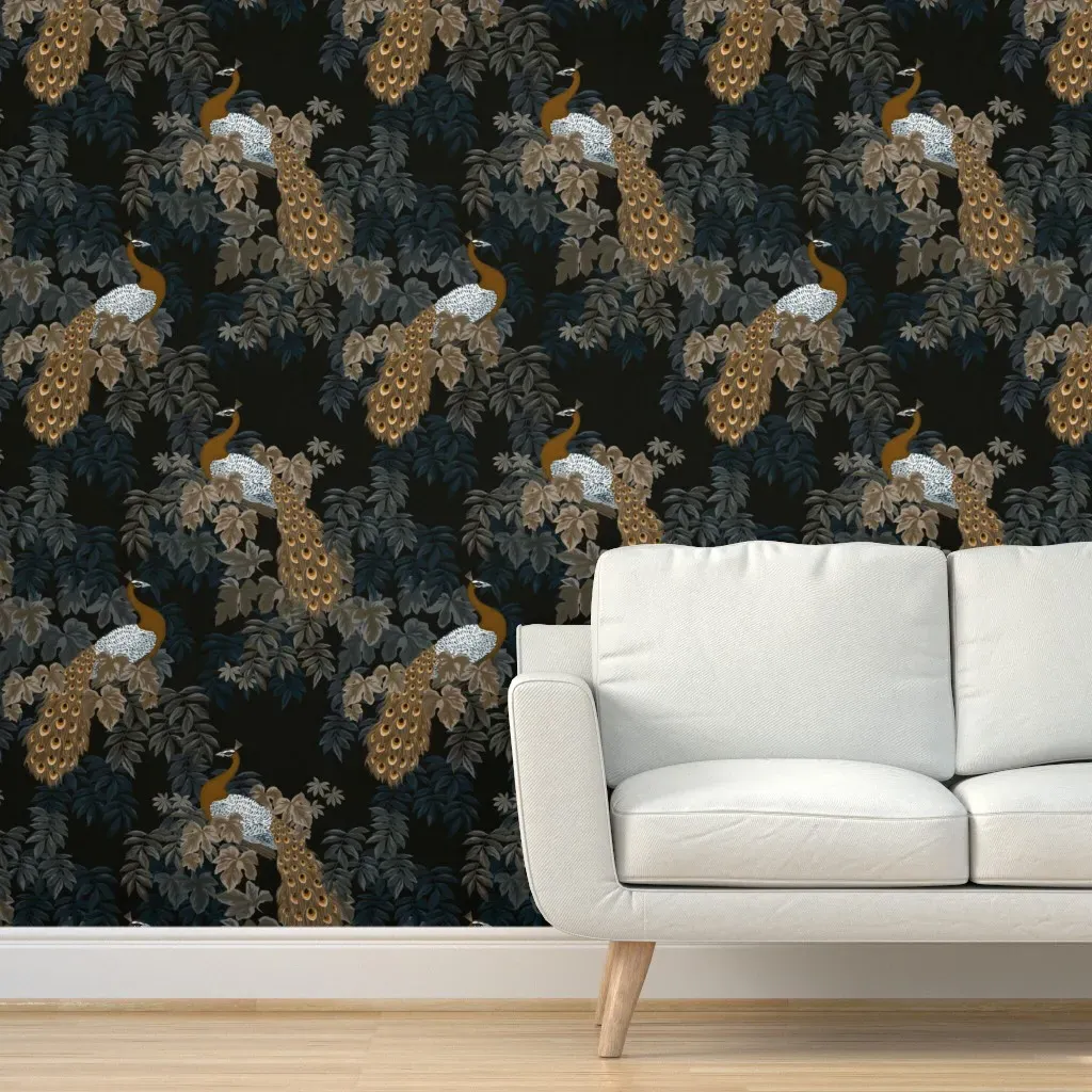 Peacock Garden Large Scale Peel and Stick Wallpaper - Black, Burnt Sienna product