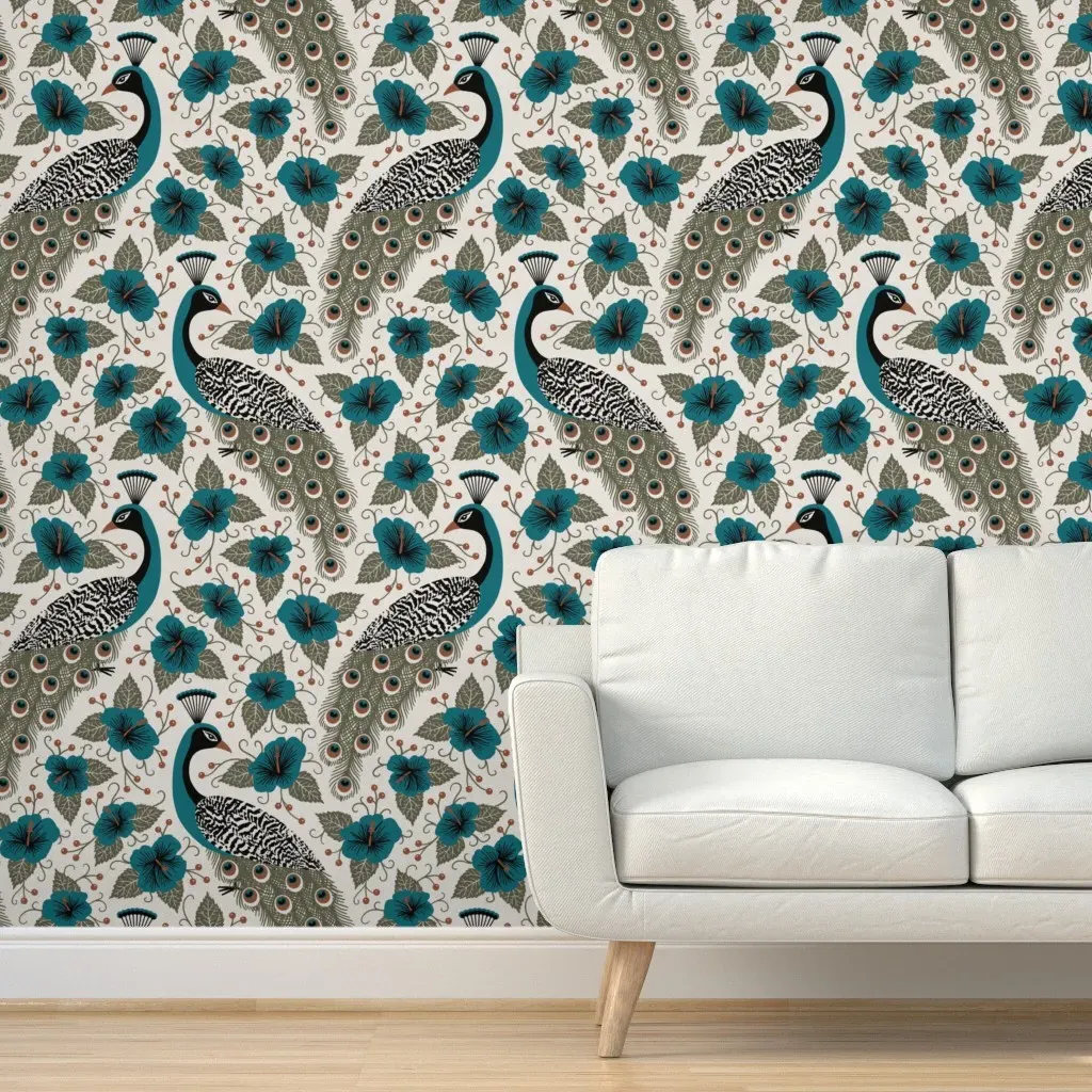 Peacock & Hibiscus Peel and Stick Wallpaper - Teal product