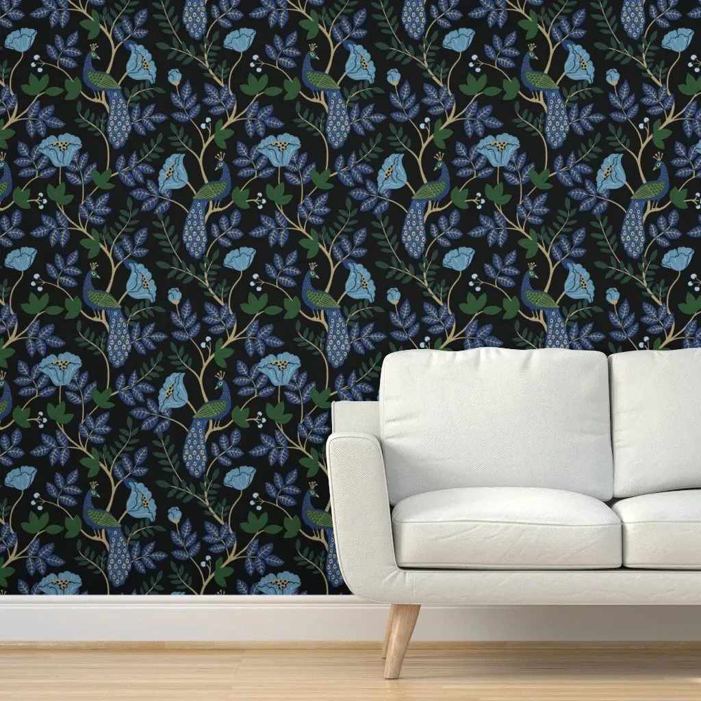 Peacock on Gold Branch Peel and Stick Wallpaper - Dark Blue product