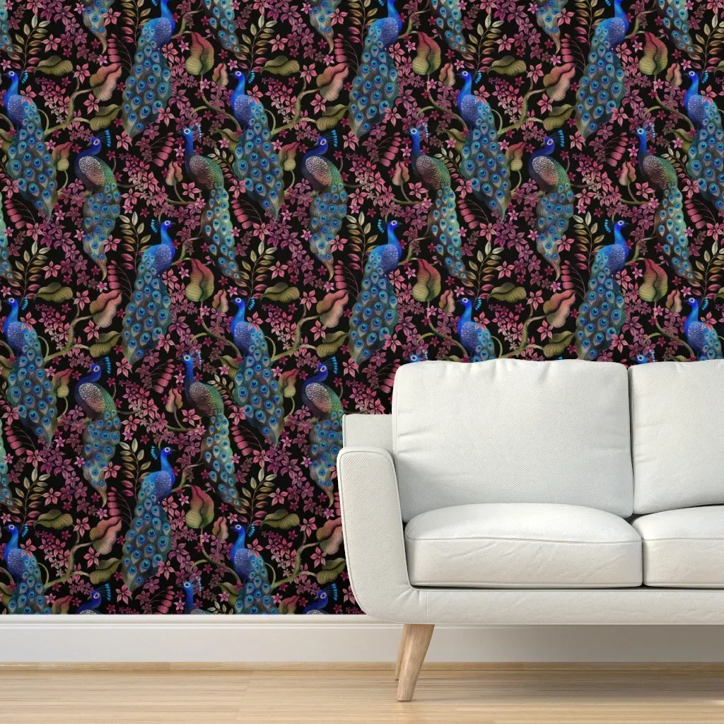 Peacock Paradise Peel and Stick Wallpaper - Black, Pink, Purple product