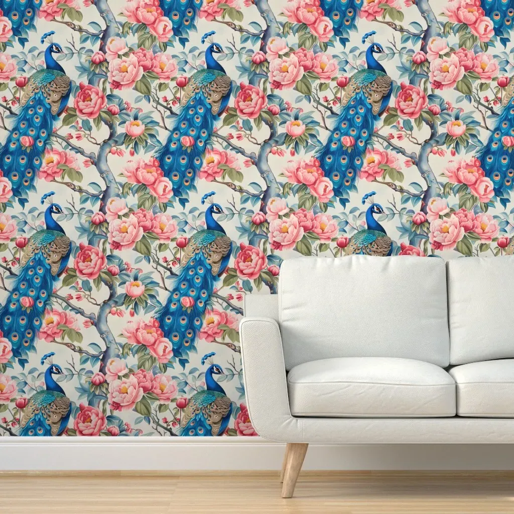 Peacock Peony Blossoms Peel and Stick Wallpaper - Pink product
