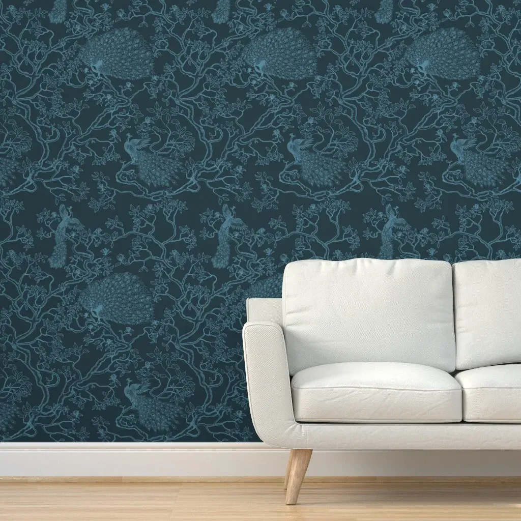Peacock Toile Peel and Stick Wallpaper - Teal Blue product