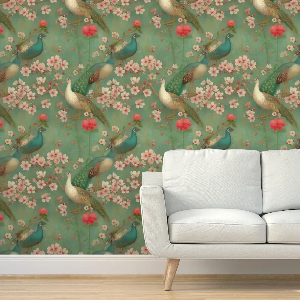 Peacocks And Cherry Blossom Peel and Stick Wallpaper - Teal product