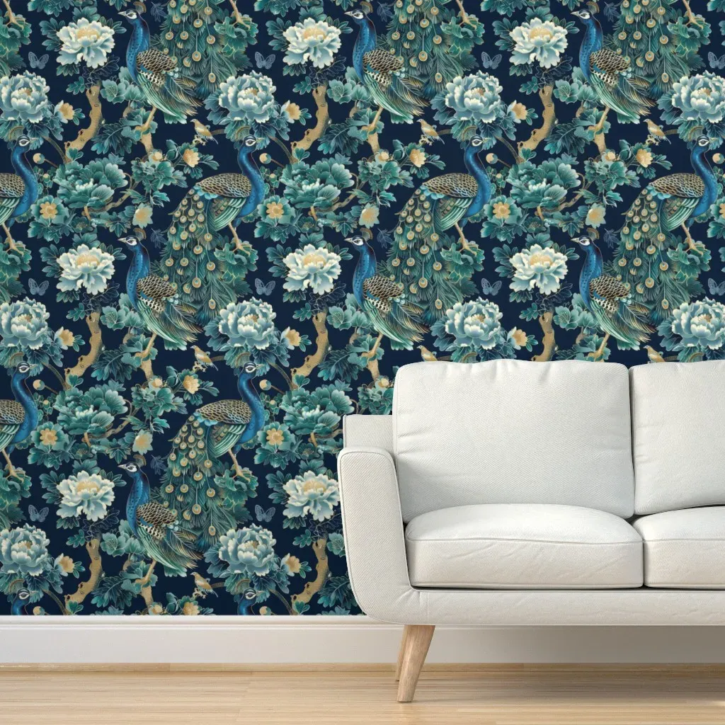 Peacocks And Chrysanthemums Peel and Stick Wallpaper - Teal product