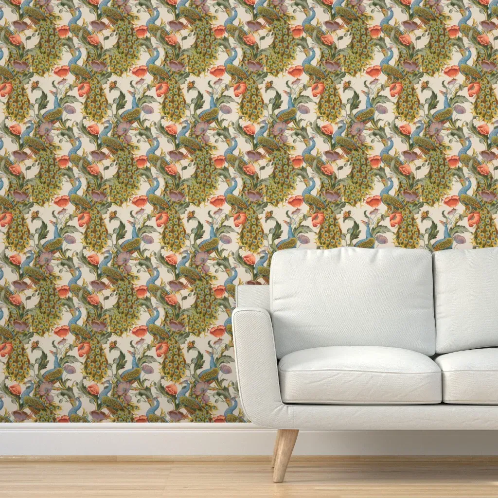 Peacocks On Vines Large Scale Peel and Stick Wallpaper - Teal product