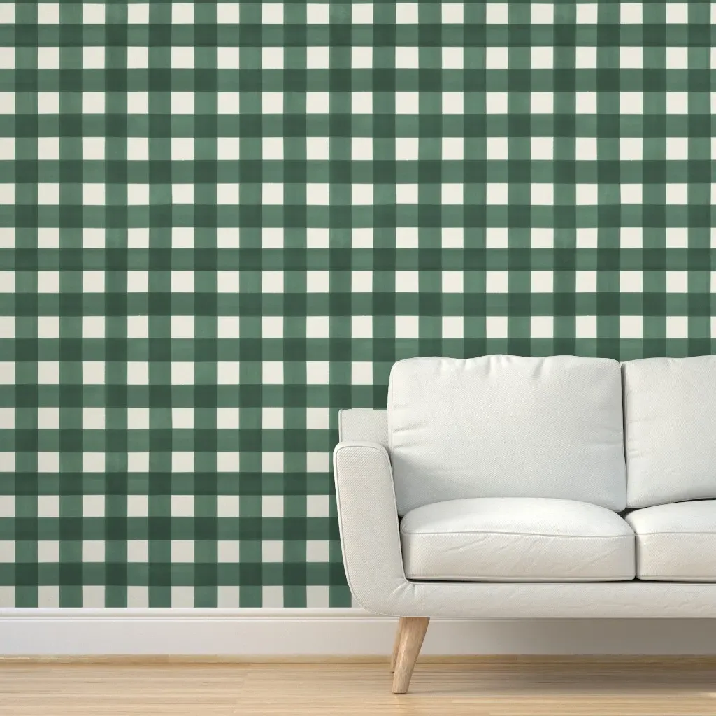Peale Green on Cream Painted Plaid Peel and Stick Wallpaper - Sage Green product