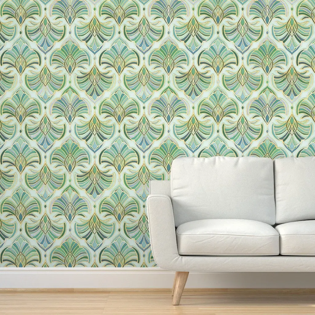 Peel and Stick Art Deco Fans Wallpaper - Green, Jade Enamel product