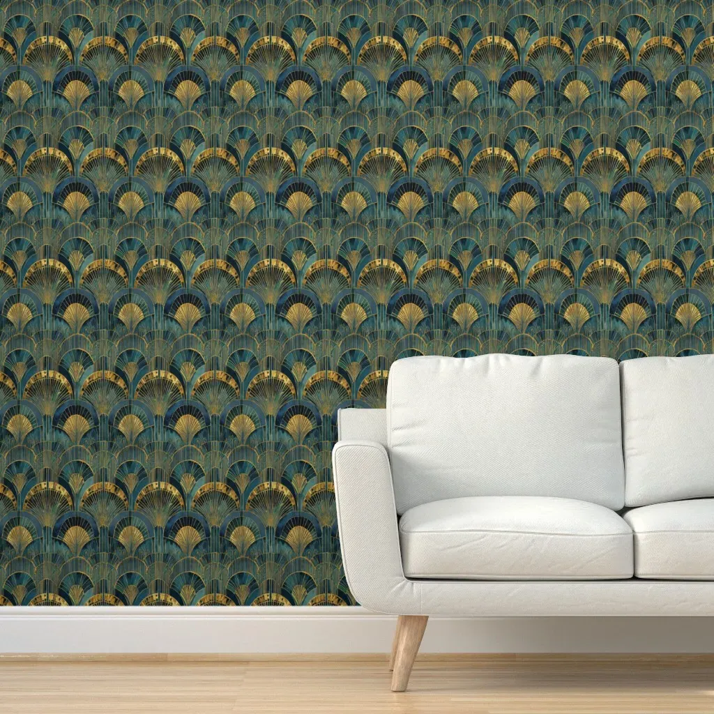 Peel and Stick Art Deco Gateway Wallpaper - Teal, Gold product