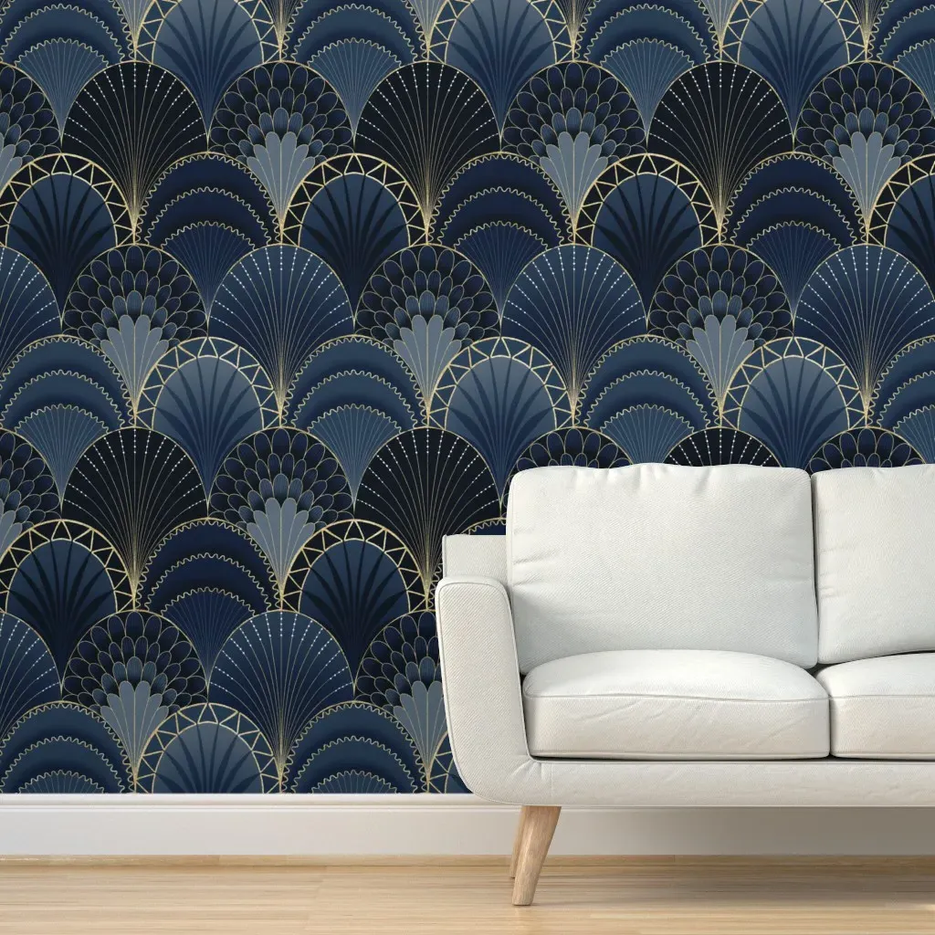 Peel and Stick Art Deco Scallop Wallpaper - Dark Blue, Gold product