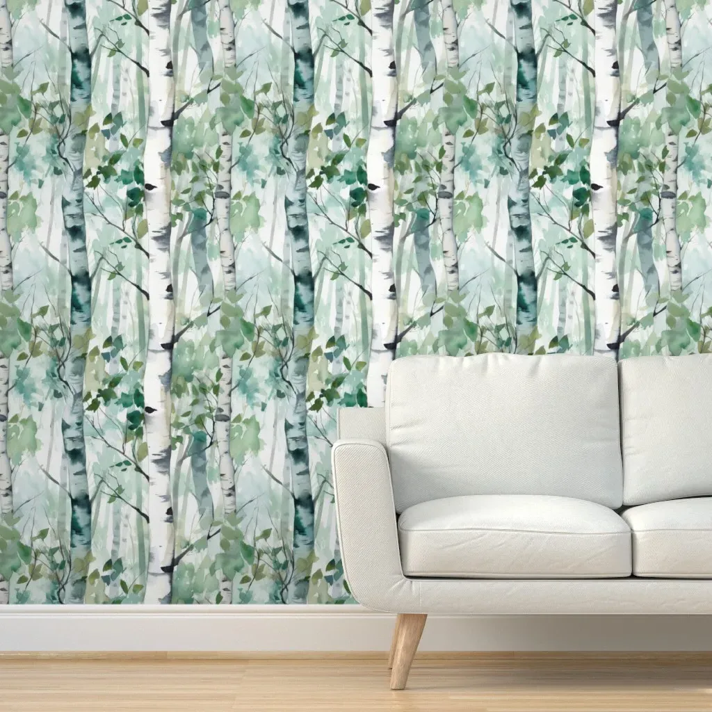 Peel and Stick Birch Trees Wallpaper - Green, Watercolour product