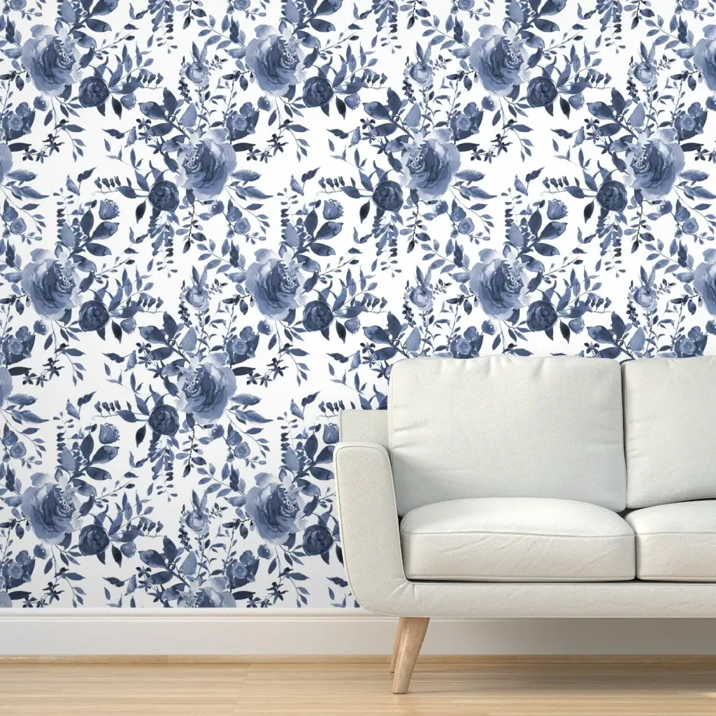 Peel and Stick Blue Floral Removable Wallpaper - Blue, White product