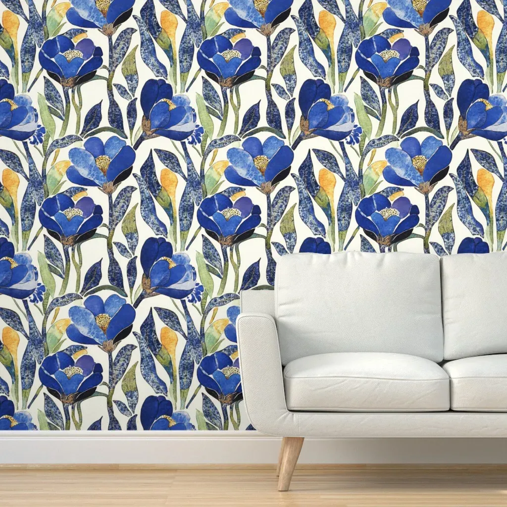 Peel and Stick Blue Poppies Wallpaper - Indigo Blue product