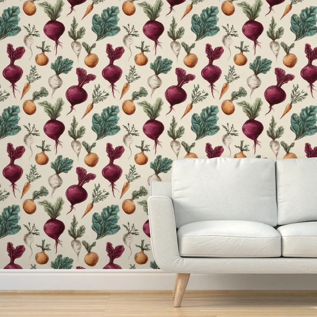 Peel and Stick Botanical Root Vegetable Wallpaper - Burgundy, Cream product