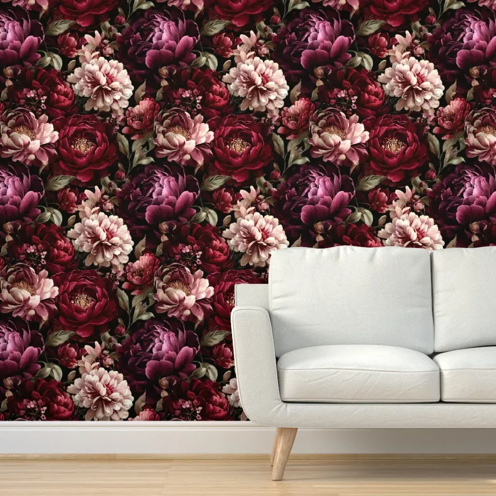 Peel and Stick Burgundy Peony Dark Botanical Wallpaper - Burgundy product