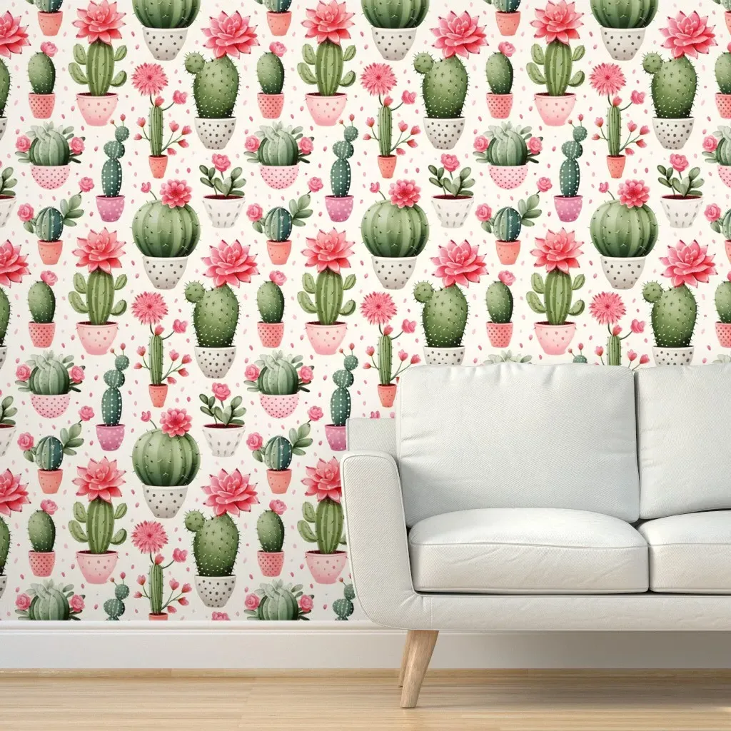 Peel and Stick Cactus in Pots Wallpaper - Pink, Green product