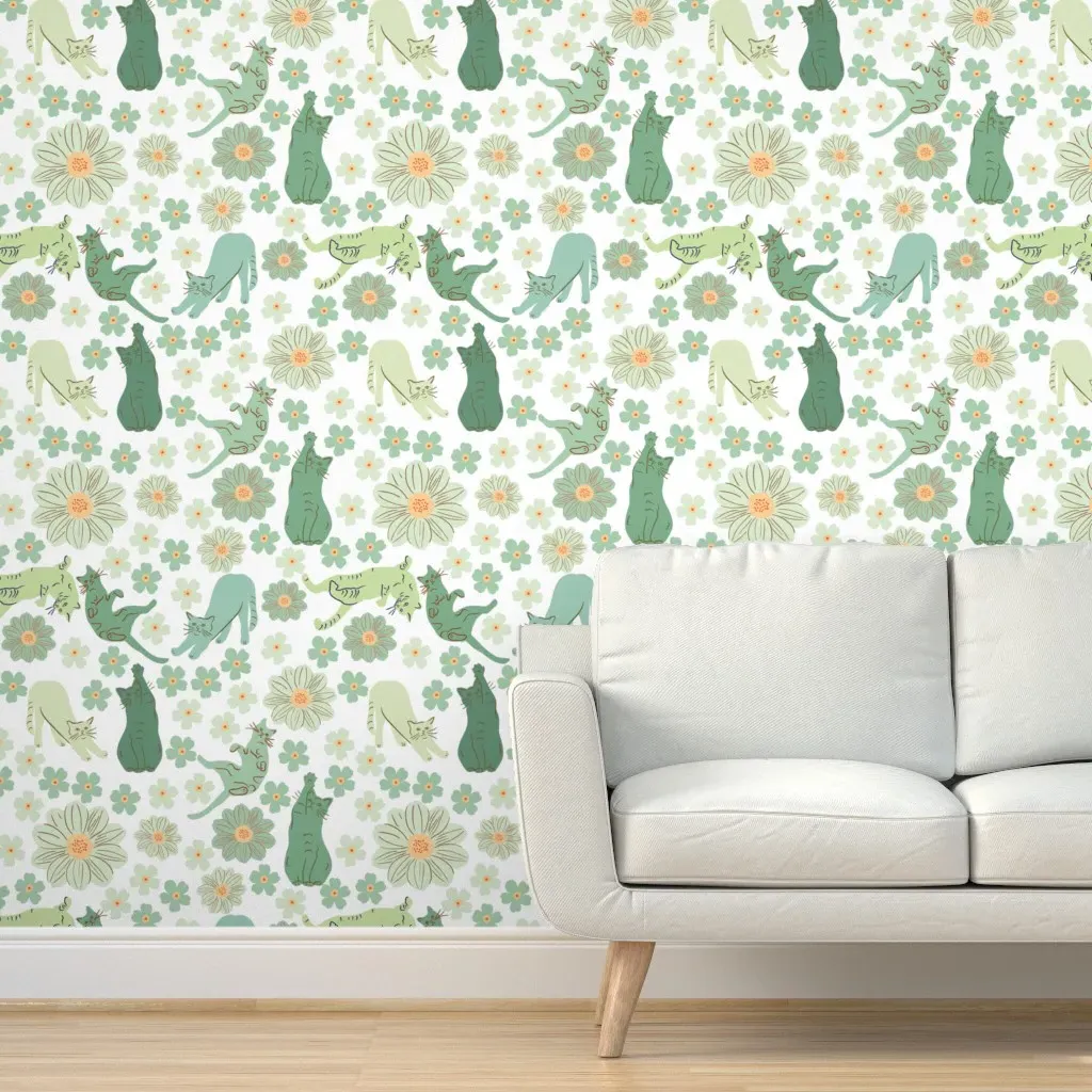 Peel and Stick Cats & Bohemian Flowers Wallpaper - Green, White product